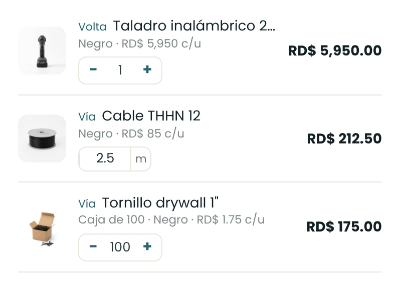 Un ticket de ferretería: un taladro, 2.5 m de cable THHN 12 a RD$85 el metro y una caja de 100 tornillos drywall.