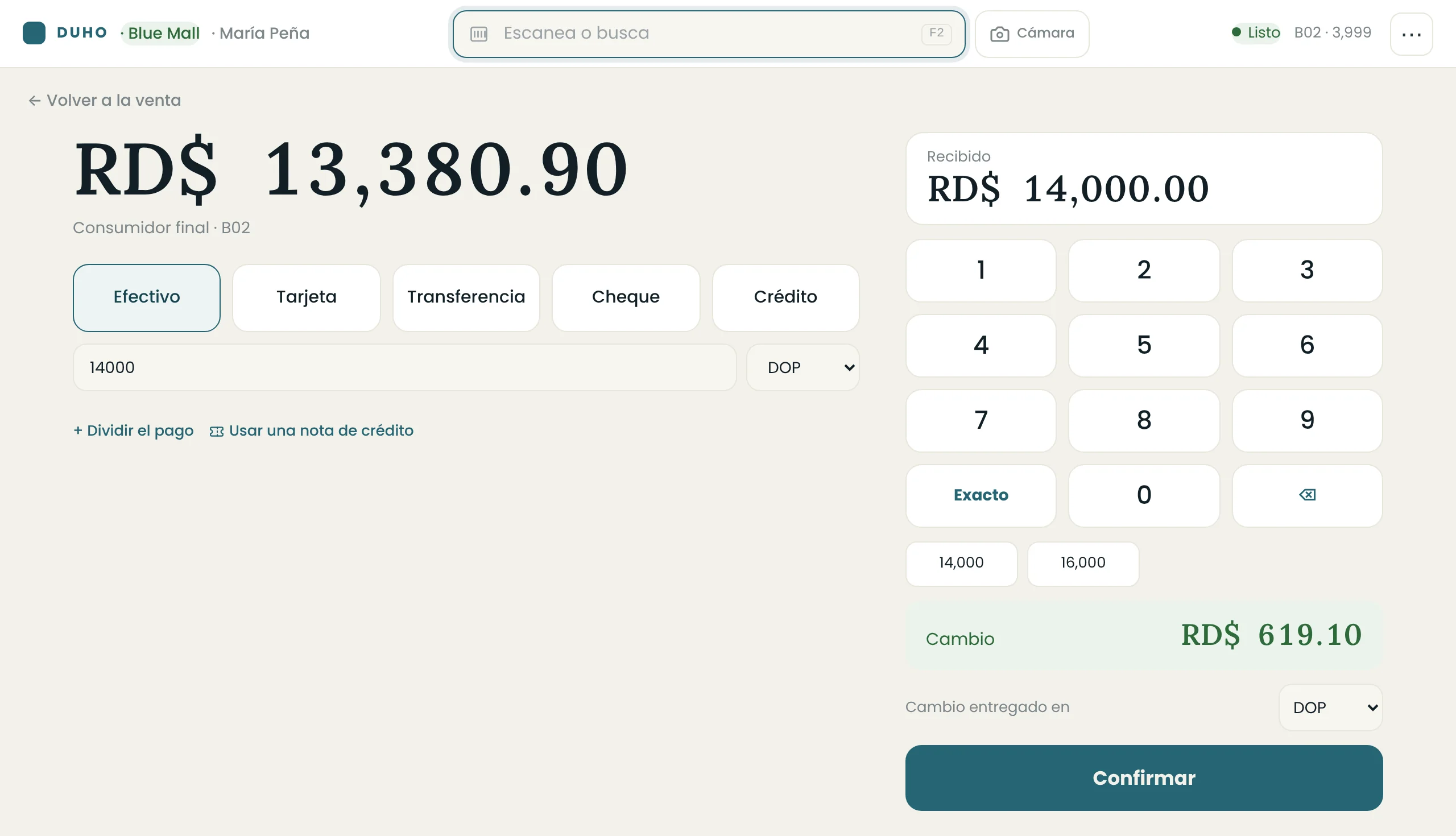 El cobro en DUHO: RD$13,380.90 a pagar, RD$14,000 recibidos en efectivo y el cambio, RD$619.10, en verde.