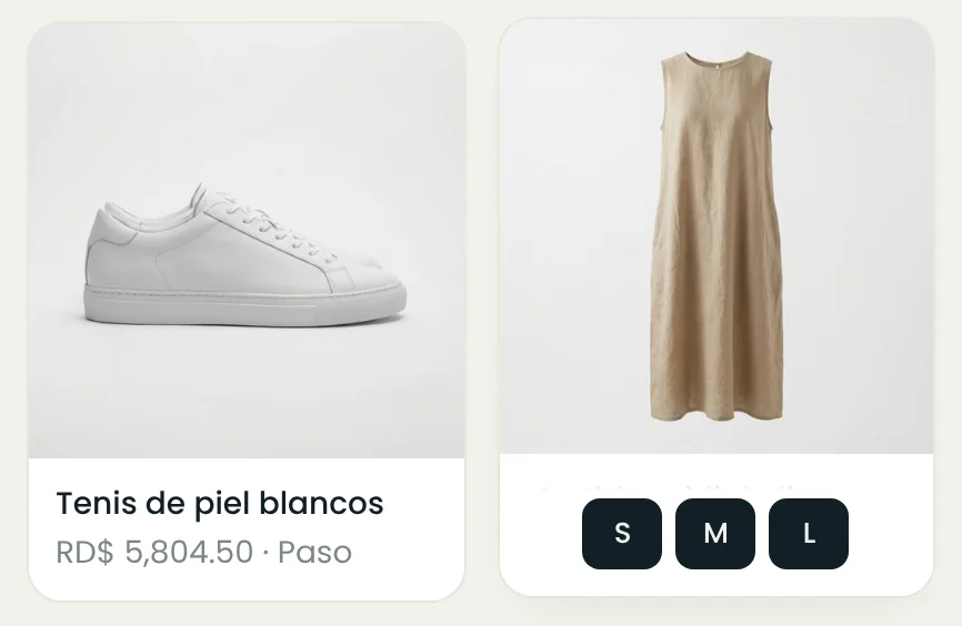 La ficha de un vestido de lino con las tallas S, M y L abiertas, junto a una cartera de paja.