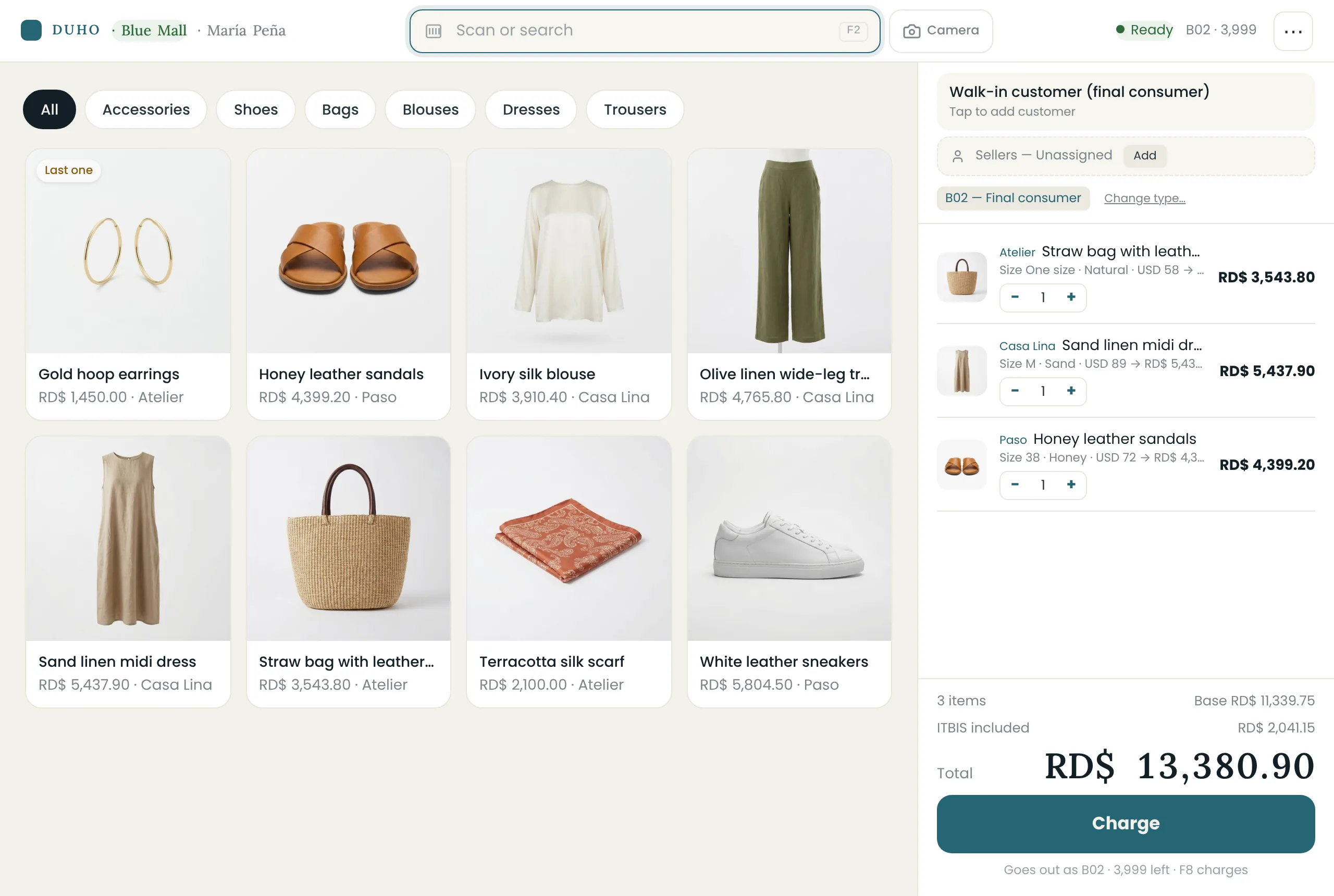 The DUHO register in a boutique: products with photos, sizes and the ticket on the right.